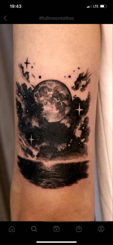 Night Cloud Tattoo, Negative Space Night Sky Tattoo, Moon Scene Tattoo, Storm Shoulder Tattoo, Beach Night Tattoo, Earth And Sky Tattoo, Night Time Tattoo Ideas, Cloud With Moon Tattoo, Night Ocean Tattoo