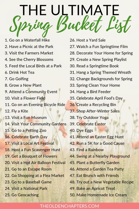 The Ultimate Spring Bucket List - The Olden Chapters Spring Bucket List, Adventure List, Bucket List For Teens, Bucket List Journal, Movies List, Spring Fun, Spring Activities, Easter Activities, List Ideas