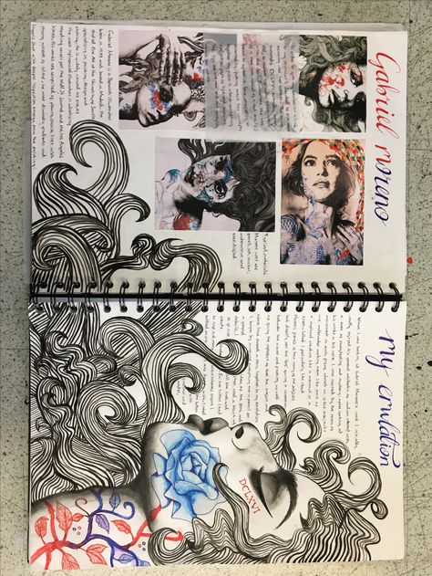 My gcse study of Gabriel Moreno Gcse Study, Artist Research Page, Kunstjournal Inspiration, Photography Sketchbook, Sketchbook Layout, Textiles Sketchbook, Journal D'art, Art Alevel, Gcse Art Sketchbook