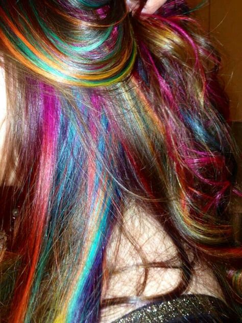 Rainbow hair by me and Goldwell Elumen.  Please give credit where credit is due. Brown Hair Rainbow Highlights, Hair Color Multicolor, Oil Spill Hair Blonde, Dyed Hair Patterns, Dark Colorful Hair, Curly Hair Colour Ideas, Long Dyed Hair, Curly Rainbow Hair, Multicolored Highlights