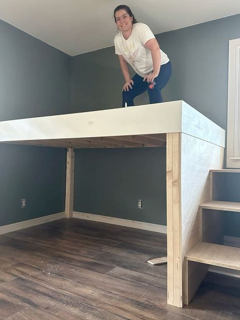 I built a loft bed for my best friends daughter! This was such a long process but it was so fun! I built this thing from scratch! I really hope she loves her new room! Loft bed builds arent easy, especially when you add drawers and a whole dresser, but it was worth it! Even the steps have drawers! Check out the blog post for all the details! Boys Loft Beds, Girls Room Makeover, Build A Loft, Loft Bed Ideas For Small Rooms, Adult Loft Bed, Loft Beds For Teens, Queen Loft Beds, Teen Girls Room, Loft Beds For Small Rooms