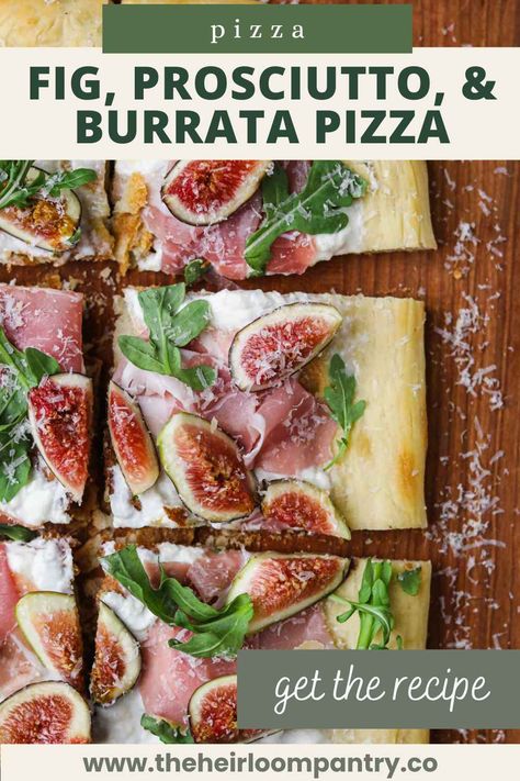 Ready to elevate your next pizza night? Our Fig, Burrata, and Prosciutto Pizza is a unique harmony of sweet, salty, crispy, and creamy. Trust us, this will be one of your new favorite pizzas! This recipe is all about combining 2 of our favorite things: pizza and figs. While the pairing sounds unconventional, it is absolutely delicious. The sweet figs balance the savory pizza with burrata and arugula perfectly. Prosciutto Fig Arugula Pizza, Prosciutto Burrata Pizza, Fig Burrata, Fig Pizza Recipes, Pizza With Burrata, Fig Pizza, Burrata Pizza, Ricotta Pizza, Prosciutto Recipes