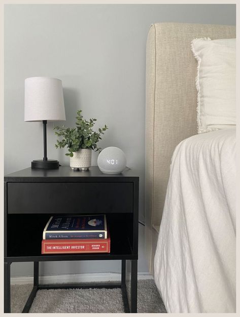 Black Bed Frame And Night Stands, Man Nightstand Decor, Nightstand Decor For Men, Men Nightstand Decor, Men’s Nightstand, Nightstand Decor Men, Men’s Nightstand Decor, Mens Bedside Table Styling, Mens Bedside Table