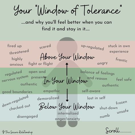 The Secure Relationship on Instagram: “The concept of the Window of Tolerance was created by Dr. Dan Siegel. #selfregulation #windowoftolerance #emotionalregulation…” Window Of Tolerance, The Body Keeps The Score, Secure Relationship, Somatic Experiencing, Counseling Psychology, Mental Health Therapy, Mental Health Counseling, Counseling Activities, Writing Therapy