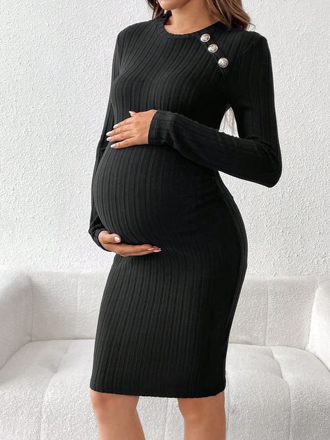 Maternity Solid Color Long Sleeve Casual Fitted Dress, Spring & Autumn Black   Long Sleeve Knitted Fabric   High Stretch  Maternity Clothing, size features are:Bust: ,Length: ,Sleeve Length: Casual Fitted Dress, Shein Maternity, Casual Maternity, Slim Fit Top, Maternity Clothing, Dress Spring, Elegant Dresses Long, Women Midi, Vestido Casual