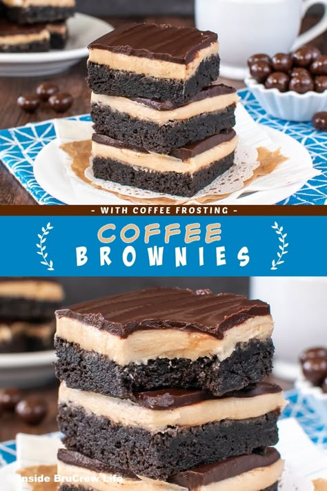 These Coffee Brownies are the perfect dessert for any party or picnic. A delicious coffee frosting and chocolate ganache makes them irresistible. Coffee lovers will go crazy for these. Id Cards Design, Perfect Cake Recipe, Best Brownie Recipes, Coffee Frosting, Classic Brownies Recipe, Coffee Brownies, Brownies Recipes, Recipes Brownies, Creamy Frosting