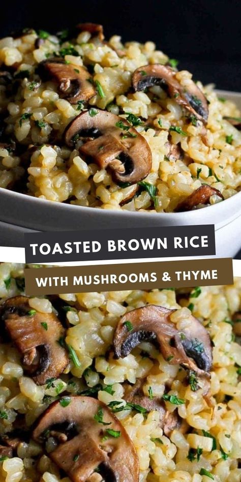 Brown rice with mushrooms and herbs in a white bowl. Brown Rice With Mushrooms, Rice Recipes Side, Rice With Mushrooms, Healthy Rice Recipes, Rice Side Dish Recipes, Thyme Recipes, Healthy Rice, Rice Side, Healthy Side Dish