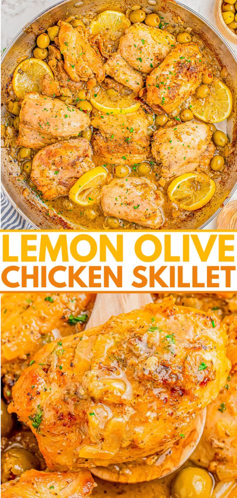 Lemon Olive Chicken Skillet - 🍋🫒🎉 This EASY chicken skillet recipe is full of big flavors including bright and tangy lemons, zesty Spanish olives, oregano, garlic, and onions! This ONE skillet recipe is ready in 30 minutes and tastes like it's from a fancy restaurant, but it's simple enough to make on busy weeknights to level up your chicken dinner game!'s from a fancy restaurant, but it's simple enough to make on busy weeknights to level up your chicken dinner game! Lemon Olive Chicken, Easy Lemon Chicken Recipe, Olive Chicken, Moroccan Chicken Recipe, Spanish Olives, Averie Cooks, Chicken Skillet Recipes, Chicken Skillet, Lemon Chicken Recipe