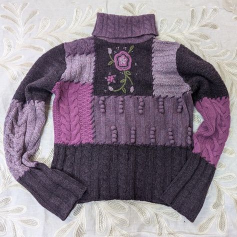 whimsigothic chunky knit purple jumper  amazing... - Depop Witchy Sweater, Purple Cottagecore, Cable Knit Sweater Outfit, Cardigan Ideas, Pink Cottagecore, Purple Jumpers, Sweater Vest Outfit, Knit Sweater Outfit, Patchwork Sweater