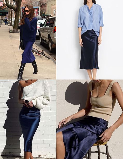 Navy Blue Outfits For Women Casual, Styling Blue Skirt, Navy Satin Midi Skirt Outfit, Satin Navy Skirt Outfit, Navy Blue Slip Skirt Outfit, Blue Satin Skirt Outfit Winter, Blue Navy Skirt Outfit, Navy Blue Silk Skirt Outfit, Satin Blue Skirt Outfit