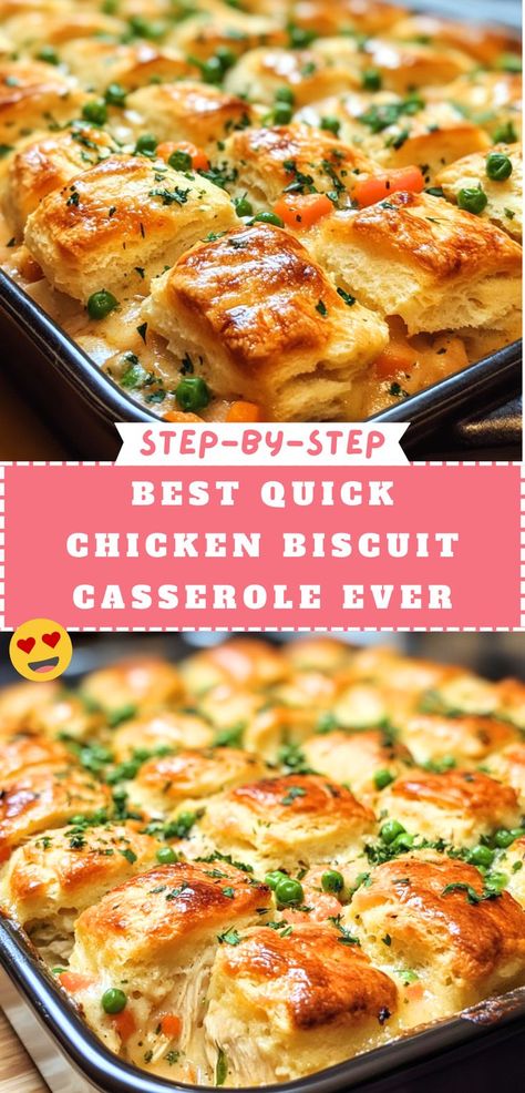 A golden-brown Chicken Biscuit Casserole topped with fluffy biscuits, green peas, and fresh parsley, baked to perfection in a black baking dish. Quick Fall Dinner, Chicken Biscuit Casserole, Biscuit Recipes Dinner, Biscuit Casserole, Chicken Biscuit, Chicken Recipes Easy, Biscuits Casserole, Easy Biscuit Recipe, Baked Chicken Recipes Easy