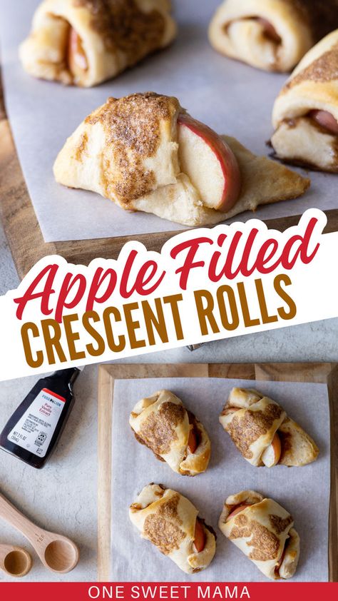 Looking for an easy apple crescent roll dessert recipe?  This apple dessert with fresh apples comes together in under 15 minutes and is a quick and easy weeknight dessert we love in my house!  I also love to make this crescent roll dessert for holidays and parties - they're a total hit! Apple Crescent Roll Dessert, Crescent Roll Apple Turnovers, Cresant Rolls, Apple Crescent Rolls, Apple Crescent, Crescent Roll Apple, Crescent Roll Recipes Dessert, Crescent Roll Dessert, Easy Crescent Rolls