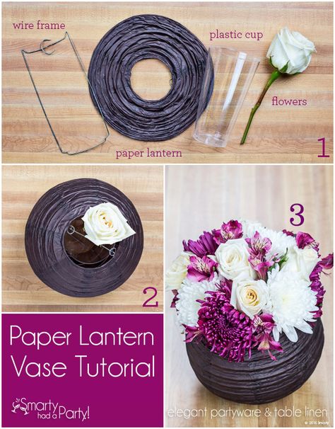 Paper lanterns are fun and vibrant party accessories, but we're taking them to the next level with this creative centerpiece idea! You can easily turn lanterns into gorgeous vases with this tutorial. When filled with flowers, a paper lantern vase makes for such an elegant presentation, sure to be a showstopper at your next event or wedding. What you need: paper lanterns (includes wire frame) -… Affordable Wedding Centerpieces, Creative Centerpieces, Paper Lanterns Diy, Tafel Decor, Diy Event, Paper Lantern, Diy Centerpieces, Deco Floral, Vase Centerpieces