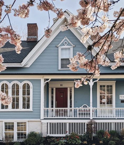 Blue Exterior Paint Colors For House, Light Blue House Exterior, Blue Siding House, House Exterior Colors Blue, Blue Exterior Paint, Blue Home Exterior, Blue Exterior House Colors, Cottage Exterior Colors, Light Blue Houses