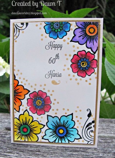 https://flic.kr/p/C2y6nF | 60th Birthday. | Commissioned card for a 60th Birthday.  Using Altenew Hennah Elements and Zig markers and an old Zig wink of Stella filled with water.   Finished with some gold dots with a little stamp in the set and some Golden Glitz ink. Greeting Card Border Designs, Colorful Borders Design For Project, Project Work Border Designs, Page Borders Design Handmade, Zig Markers, File Decoration Ideas, Colorful Borders Design, Front Page Design, Bond Paper Design