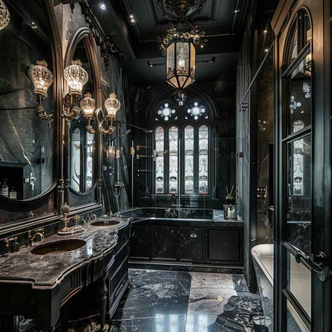 30 Bathroom Styles: Rococo Magnificence with a Hint of Baroque-Gothic Mystery Bathroom Beautiful, Gothic Restroom, Gothic Baroque, Gothic Rococo, Victorian Homes Interior Bathroom, Victorian Gothic Bathroom, Gothic House Interior, Gothic Bathroom Ideas, Dark Bathroom Ideas