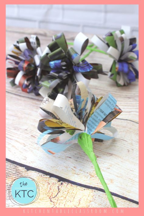 Make a Paper Flower Bouquet from Magazine Pages - The Kitchen Table Classroom Flower From Recycled Materials, Magazine Flowers Diy, Recycled Paper Flowers, Flowers Made From Recycled Materials, Book Page Flowers Diy, Magazine Activities, Tissue Paper Flowers Easy, March Craft, Make A Paper Flower