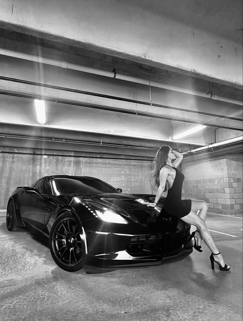 Woman posed on the hood of a C7 corvette Poses With Sports Cars, Sport Car Photoshoot, Car Photo Shoot Poses, Corvette Model Photoshoot, New Car Photo Ideas, On Top Of Car Photoshoot, Poses In Front Of Car, Car Shooting Girl, Car Poses Women