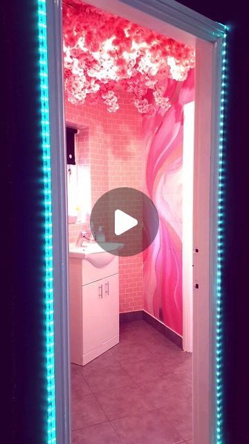 LEO LASH TRAINER & LASH SUPPLIER TM on Instagram: "IN OTHER NEWS ... who likes our new upstairs bathroom ?   I just love it 😀 😍 ❤️   Everyone knows I never wanted a girly salon but thought one room would be OK especially when the outside walls are jet black 😅  The wall was painted by the very talented @decor.by.miche  and the tiles and flower roof were done by yours truly followed by jen cleaning up all the mistakes I made 😀 😄   Let me know what you think in the comments!! Do you love it ??   #salon #beautysalon #salonvibes #leolashsalon #leolash #lashsalon #hairsalonbradford #hairsalonbingley #nailsalonbingley #aestheticsbingley #ａｅｓｔｈｅｔｉｃ #Bradfordsalon #salondecor #bathroominspo #blossemtree #pinktiles" Glam Beauty Room, Salon Decorating Ideas, Hairdresser Salon, Lash Salon, Lash Room, Pink Tiles, Beauty Parlor, Upstairs Bathrooms, Home Salon