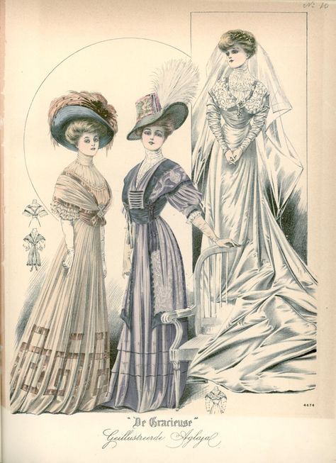 1908. Wedding dress and day dresses, De Gracieuse. 1909 Fashion, Edwardian Fashion Plates, 10s Fashion, Edwardian Era Fashion, Period Fashion, 1900 Fashion, 1900s Fashion, 1910s Fashion, Fashion Illustration Vintage