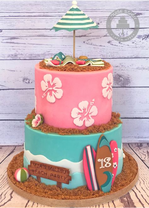 Tropical Themed Cake Ideas, Hawaii Theme Party Cake, Cake Ideas 12 Birthday, 18th Beach Party Ideas, Sweet 16 Hawaiian Theme Cake, Sweet 16 Luau Cake, Cake Beach Birthday, Pool Birthday Cake Ideas, Miami Birthday Cake