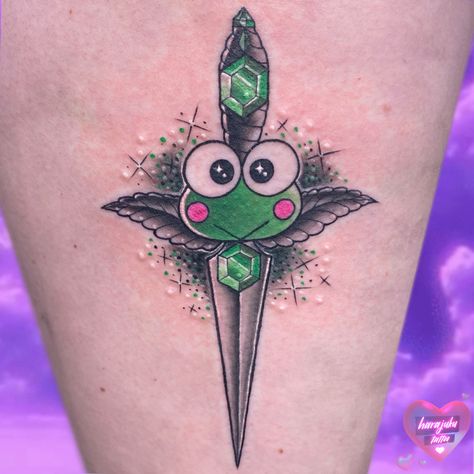 Sanrio Keroppi Frog American Traditional Dagger Mash up by Harajuku Tattoo Kawaii  Japanese cute anime Harajuku Tattoo, American Traditional Dagger, Traditional Dagger, Anime Sanrio, Sanrio Keroppi, Frog Tattoos, Kawaii Tattoo, Dagger Tattoo, Tattoo Portfolio