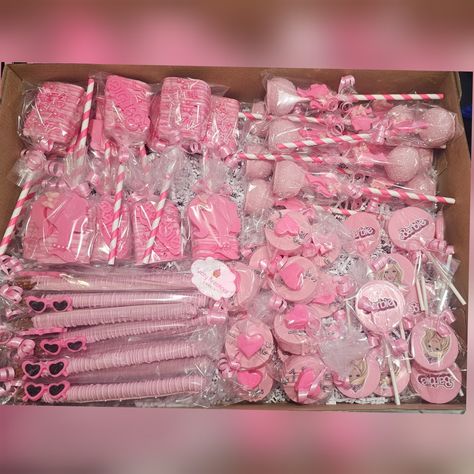 Includes 1 dozen Cake pops 1 dozen Chocolate Covered Pretzels 1 dozen lollipops 1 dozen chocolate covered oreos Pink White Birthday Decor, Pink Treat Table, Pink Chocolate Covered Oreos, Candyland Treats, Barbie Treats, Barbie Dessert Table, Dessert Table Treats, Bas Mitzvah, Pink Birthday Theme