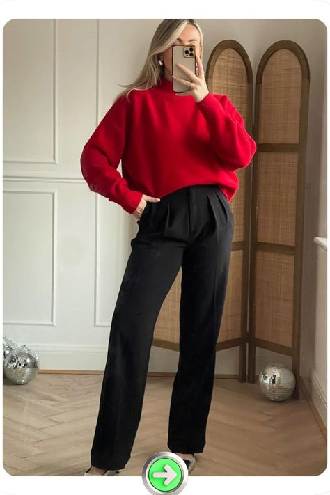 Cozy red sweater paired with black trousers. This casual Christmas outfit idea combines holiday charm with sophistication, perfect for gatherings. Festive red stands out against classic black trousers. Christmas Outfit Women Casual, Holiday Outfits Christmas Casual, Santa Aesthetic, Casual Christmas Outfit Ideas, Ugly Sweater Outfits, Holiday Outfits Christmas Party, Outfit Inspo Christmas, Festive Holiday Outfits, Classy Christmas Outfit