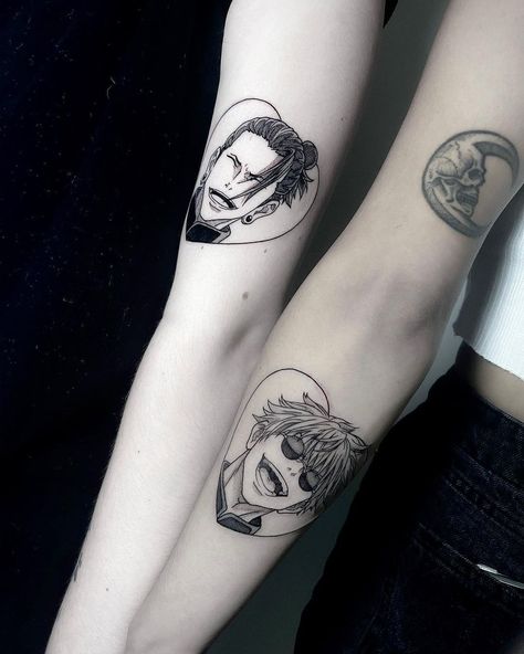 Best Friend Anime Tattoos, Jjk Matching Tattoos, Anime Couple Tattoo Ideas, Matching Tattoos Anime, Matching Anime Tattoos, Manga Panel Tattoos, Duo Tattoos, Mha Tattoos, Minimal Tattoo Designs