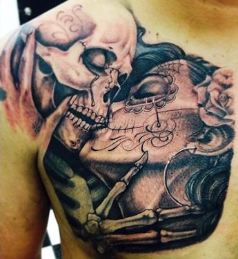 Skeletons Kissing, Skull Couple Tattoo, Couple Tattoos Love, Skull Couple, Skull Sleeve Tattoos, Couples Tattoos, Skull Sleeve, Skeleton Tattoos, Tattoos For Lovers