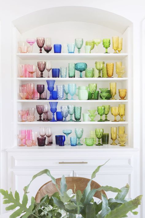 Display Collections - How to Decorate with Antiques Rainbow Glassware, Colored Glasses, Decorating Shelves, Vintage Glassware, Displaying Collections, Glass Shelves, Open Shelving, Spring Decor, Cozy House