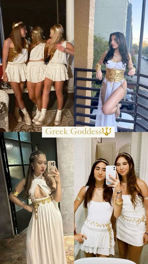 Looking for cute, hot, and trendy Halloween costumes for women? Our post has 40+ creative and fun DIY ideas, as well as easy last-minute options. Perfect for anime fans, work functions, trios, duos, groups, and besties. Great for college students and those with black, blonde, brunette, or red hair. Find your perfect matching Halloween costumes for 3 here! #halloween #halloweencostumeideas #costumesforwomen #costumeidea Golden Greek Goddess Costume, Simple Goddess Costume, Aphrodite Costume Ideas, Athena Cosplay Goddesses, Goddesses Halloween Costume, Greek Goddess Group Costume, Greek Goddesses Halloween Costumes, Green Goddess Halloween Costume, Halloween Costumes Women Greek Goddess