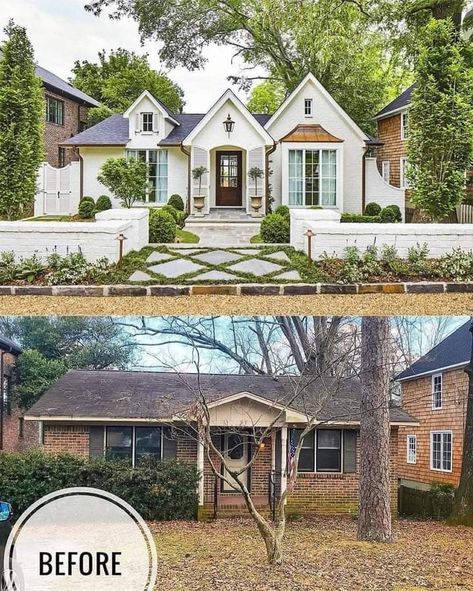 60s Exterior Remodel, Painting Your Brick House Exterior, 90s Exterior Before And After, Rectangle House Exterior Makeover, Brick Ranch Style Homes Exterior Remodel, Repainting Outside Of House, Brick Homes Exterior Makeover, 1970 Bungalow Renovation, 70s Home Exterior Makeover