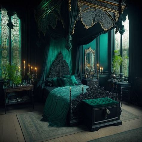 Green Gothic Bedroom, Goth Bedroom Ideas, Gothic Bedroom Ideas, Black Canopy Bed, Goth Bedroom, Gothic Bedroom, Fantasy Bedroom, Sage Green Bedroom, Fantasy Rooms