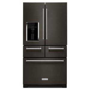 KitchenAid 25.8 cu. ft. French Door Refrigerator in Black Stainless with Platinum Interior KRMF706EBS at The Home Depot - Mobile Grocery Organization, Black Stainless Steel Appliances, Black Stainless Steel Kitchen, Herb Storage, Kitchen Suite, Outdoor Kitchen Appliances, Black Interior Design, French Door, Stainless Steel Appliances