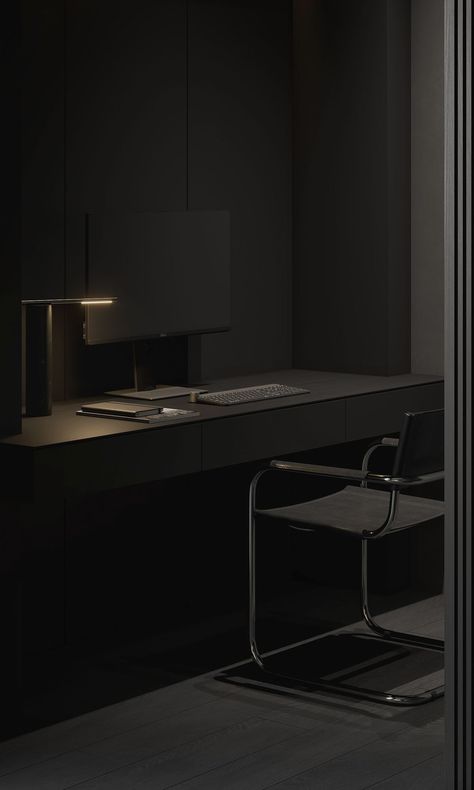 Dark Modern Home, Minimalist Office Desk, Dark Interior Design, Mens Bedroom Decor, Guest Bedroom Design, Study Room Design, Minimalist Office, Workspace Inspiration, Dark Interiors