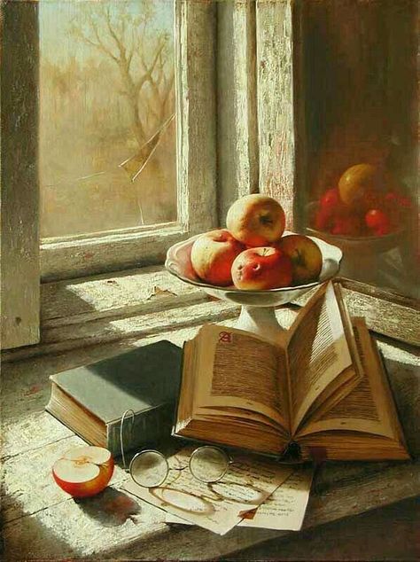 Still life of books, fruit and glasses on a table before a window by Dmitri Annenkov (Russian painter, b. 1965) Emily Brontë, 100 Books, Emma Jane, Wuthering Heights, Still Life Photos, Fruit Painting, Still Life Drawing, Painted Books, Still Life Art