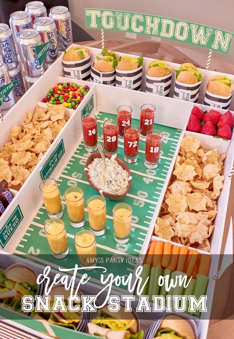 DIY Snack Stadium | Football Big Game | Build your own Snack Stadium with easy tutorial instructions and FREE football game day PRINTABLES | #GameDayGlory #ad Snack Stadium Diy, Diy Super Bowl, Football Themed Party, Snack Stadium, Sandwich Vegetarian, Superbowl Party Decorations, Football Party Foods, Healthy Superbowl Snacks, Bowl Party Food