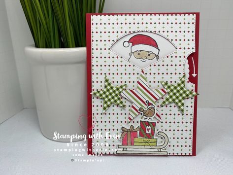 Stampin Up Give It A Whirl Christmas Cards, Stampin Up Give It A Whirl Cards, Give It A Whirl Stampin Up Cards, Santa Stamp, Christmas Party Backdrop, Spinner Card, Stamped Christmas Cards, Christmas Cards Kids, Wooden Christmas Decorations