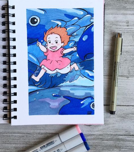 Ponyo Drawings Studio Ghibli, Ponyo Sketch Studio Ghibli, Ponyo Drawings, Ponyo Painting, Marker Art Ideas, Anime Canvas Painting, Marker Painting, Colored Pencil Art Projects, Markers Drawing Ideas