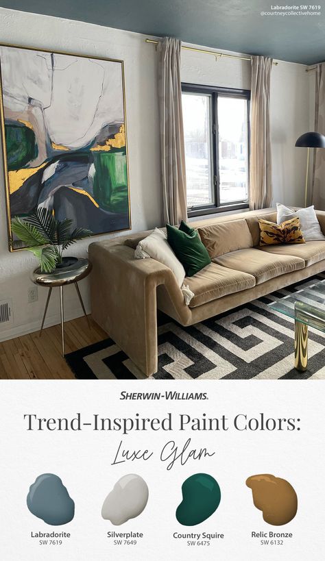 Is your living room longing for a gorgeous glow-up? Transform it with the power of Sherwin-Williams paint. Try colors like Labradorite SW 7619, Silverplate SW 7649, Country Squire SW 6475, and Relic Bronze SW 6132 on the walls, or even ceiling, for a luxe look you're sure to love. To see these hues in your home, tap this pin to order free color chips. #sherwinwillaims #color #luxe #glam #paint #diy #livingroom #decor #interiordesign Sw Labradorite Paint, Sw Country Squire, Country Squire Sherwin Williams, Sherwin Williams Paint Neutral, Crib Ideas, Wellness Room, Teen Lounge, Country Squire, Sunken Living Room