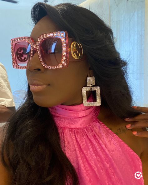 #pink #gucci #vacation #earrings #dress #asos #style #fashion #brownskingirl Vacation Earrings, Sun Glass, Rhinestone Decor, Style Fashion, Influencer, Asos, Gucci, Sun, Sunglasses