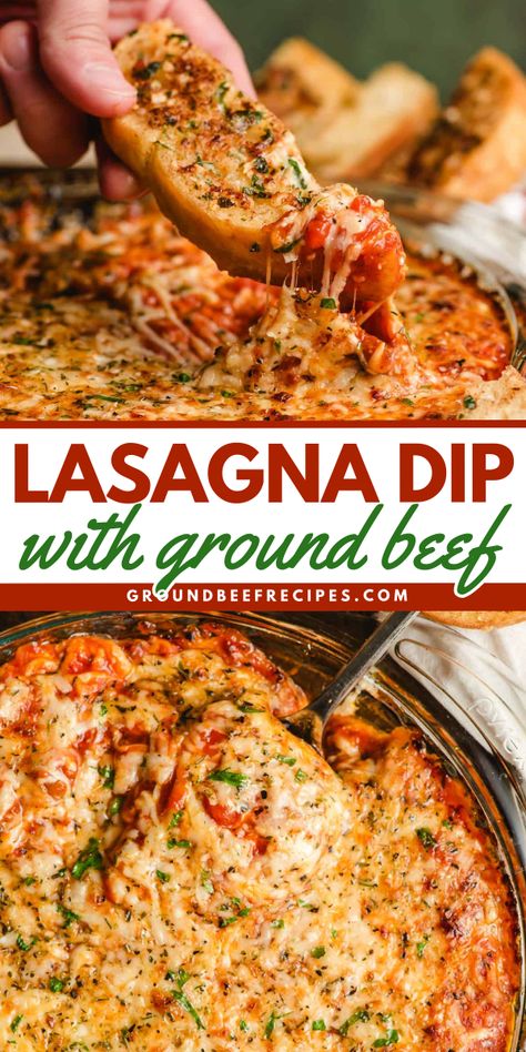 Whip up this easy lasagna dip with ground beef! It's a simple appetizer recipe. Creamy and cheesy, meaty and saucy, this hot dip tastes so good. No one will be able to resist this party snack! Dips Made With Ground Beef, Ground Beef Recipes Appetizers, Ground Beef Party Food, Appetizer With Ground Beef, Lasagna Dip Crockpot, Cheese And Ground Beef Dip, Ground Turkey Dip Recipes, Ground Beef Dip Cream Cheese, Ground Beef Appetizers For Party