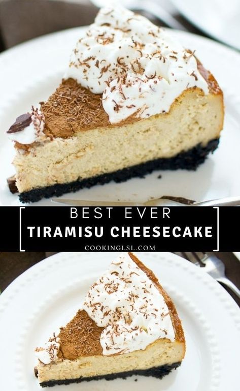 Tiramisu Cheesecake – Luscious, creamy and sweet coffee infused cheesecake with crumby Oreo cookie crust. Dusted with cocoa powder and topped with whipped cream, it combines two popular desserts – Tiramisu and Cheesecake. This is a recipe for a baked tiramisu cheesecake. Tastes much better that Cheesecake Factory’s Tiramisu cheesecake dessert. Double Layer Cheesecake, Smoked Cheesecake, Cheesecake Oreo Crust, Tiramisu Cheesecake Recipe, Roll Desserts, Cinnamon Roll Desserts, Layer Cheesecake, Tiramisu Cheesecake, Yummy Cheesecake