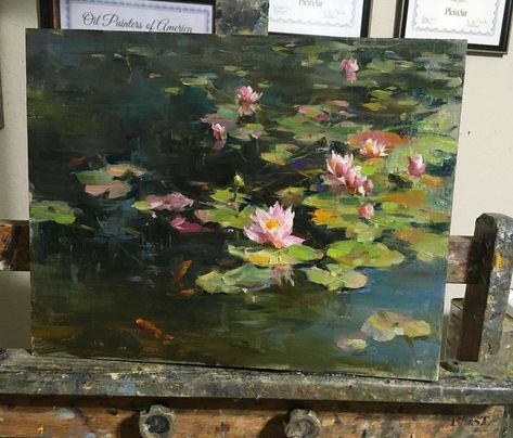 Pretty Oil Paintings, Big Painting Ideas Canvases, Lily Pad Painting, Lily Pond Painting, Oils Painting, Painting Of Water, Water Lily Painting, Vintage Style Painting, Acryl Art