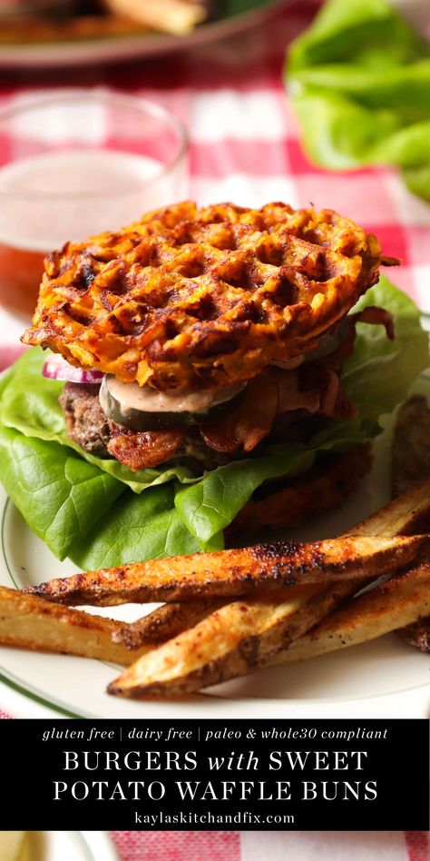 This Whole30 Burger with Potato Waffle Buns and Special Sauce will be your new favorite burger, but with all natural ingredients. Whole30 Burger, Paleo Burger, Gluten Free Burger, Sweet Potato Buns, Sweet Potato Burgers, Refined Sugar Free Recipes, Potato Waffles, Sweet Potato Waffles, Healthy Burger