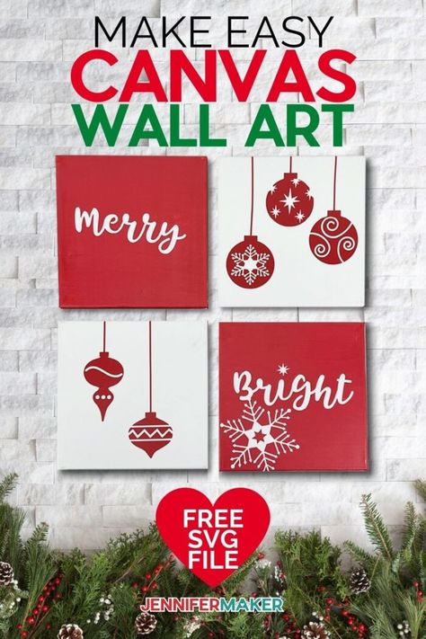 DIY Canvas Wall Art made using a Cricut and a free SVG file from JenniferMaker Christmas Wall Decor Diy, Diy Christmas Canvas, Craft Ideas For Beginners, Diy Christmas Wall, Affordable Wall Decor, Jennifer Maker, Christmas Svgs, Crafts Cricut, Wall Art Tutorial