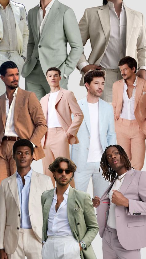 #wedding #weddingsuit #weddingattire Men's Suit Summer Wedding, Pastel Sunset Wedding Theme, Groomsmen Pastel Attire, Garden Party Suit, Italian Wedding Attire, Summer Suits Men Wedding Guest, Men’s Wedding Guest Attire Spring, Male Bridesmaid Outfit, Garden Party Wedding Groomsmen