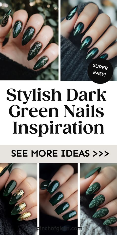 Looking to switch up your nail game? Dive into the sultry allure of dark green nails! 💅🌿 Whether you're into intricate designs or simple ideas, dark green nails offer a bold and sophisticated look that's perfect for any occasion. From forest green matte finishes to shimmering emerald accents, the options are endless for creating unique and stylish nail art. Elevate your manicure game with these gorgeous dark green nail designs and get ready to make a statement everywhere you go! Ombre Nails With Green, Black Nails With Green French Tips, Evergreen And Gold Nails, Matte Accent Nails, Nail Designs Dark Green And Gold, Cool Nails Acrylic Art Designs Almond, Green On Green Nails, Matte Hunter Green Nails With Gold, Green Emerald Nails Short