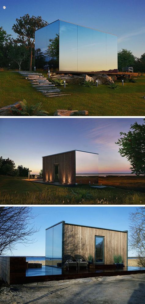 This modern mirrored house is prefabricated and can be installed in 8 hours. Functionality and comfort is the main goal as it is meant for short-term accommodation. Mirror Building Architecture, Mirror House Exterior, Mirror Tiny House, Mirror House Design, Architecture Tiny House, Ööd Mirror House, Glass Houses Architecture, Luxury Container House Design, Mirrored Architecture